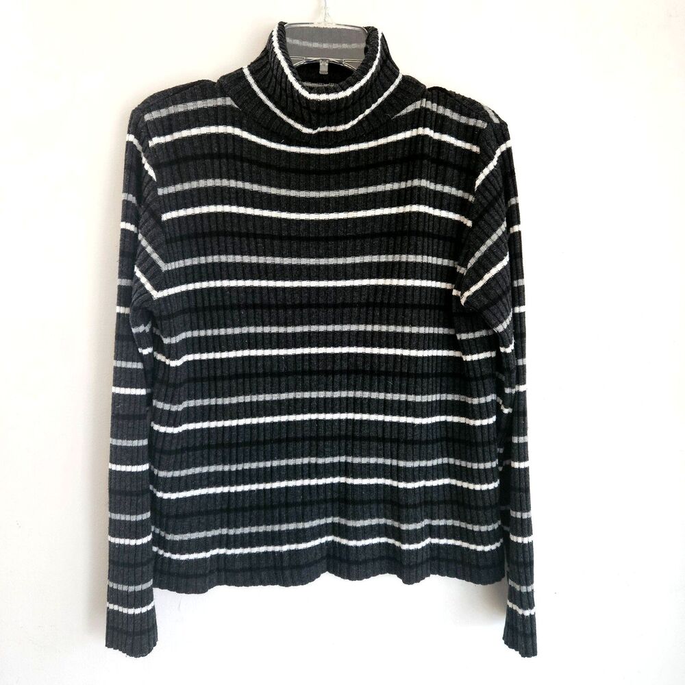 Fiorlini Turtleneck Sweater Womens Medium Ribbed Gray White Striped Vtg Y2K